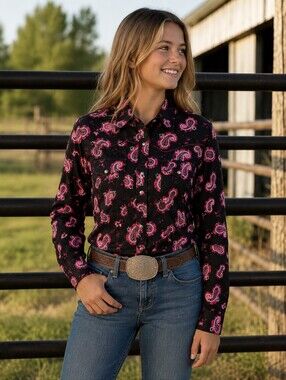 COWGIRL HARDWARE rodeo cowgirl western shirt LS Black & Pink Paisley sz M euc